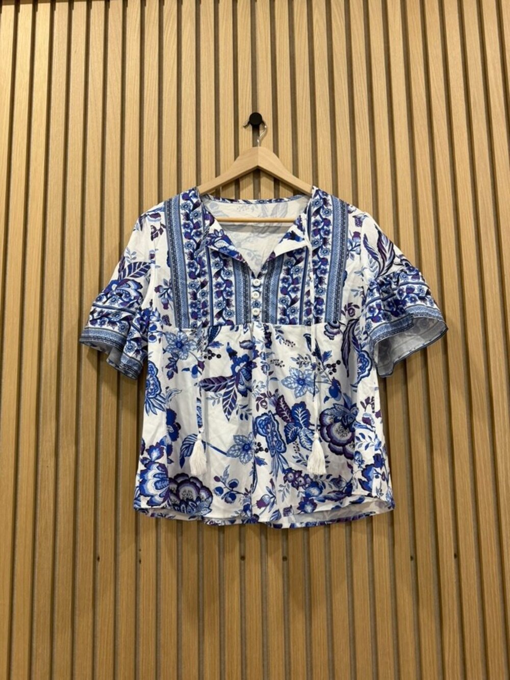 Floral Peasant Blouse in Blue and White